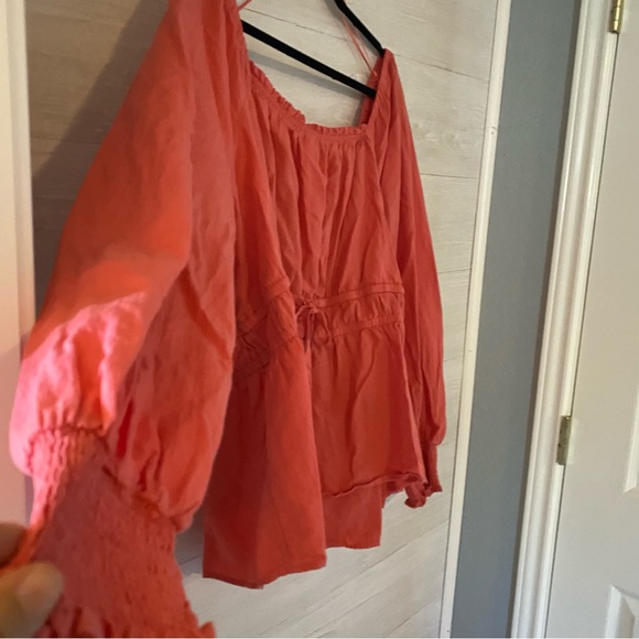 Ava & Viv Women's Long Sleeve Peplum Top in Coral Red Smocked with Tie 3X - Picture 3 of 7